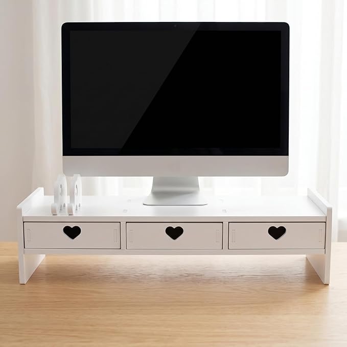 Tofficu Computer Monitor Stand Riser with 3 Drawers - Desktop Organizer with Phone Holder, White Desk Shelf for Laptop, Office Supplies & Workspace Storage