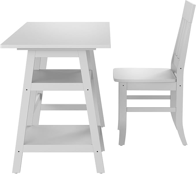 24/7 Shop at Home Myrrh Cottage 2-Piece Wood Storage Writing Desk with 2 Shelves and Chair Set for Workstation, Home Office, Study Room, White