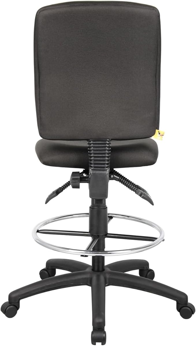 Black Fabric Drafting Stool Adjustable Height Swivel Pneumatic Gas Lift Chrome Footring Nylon Base Rolling Casters High Back Seat Compact Studio Task Seating Professional Workspace Stool