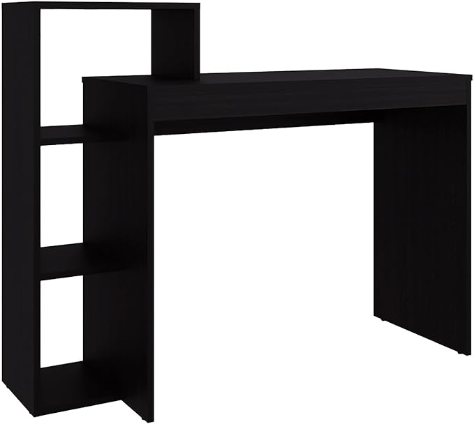 Wenge Open Storage Computer Desk Integrated side shelving includes three open compartments for books, decorative accents, plants, and office supplies like notebooks and pens for easy organization Du