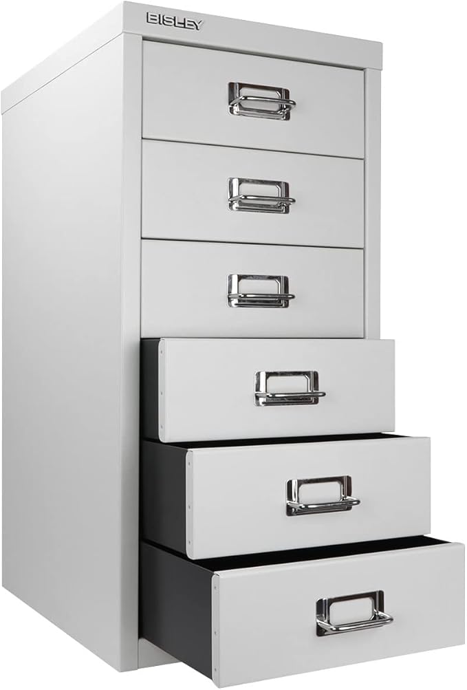 Bisley 6-Drawer Steel MultiDrawer Cabinet - Light Grey, Chrome Pull Handles with Label Holders, Powder-Coated Steel, Removable Drawers, Fits Under Most Desks, Labels Included