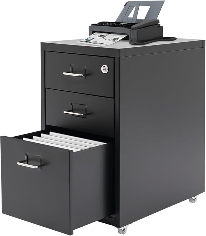 3 Drawer Mobile File Cabinet with Lock, Under Desk Rolling Filing Cabinets with Tag Jacks, Lockable Vertical File Cabinet for Home Office, Easy Assembly (Black)