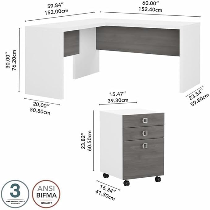 Bush Business Furniture Echo L Shaped Desk with Mobile File Cabinet in Pure White and Modern Gray, Modern Corner Table with Drawers for Home or Professional Office