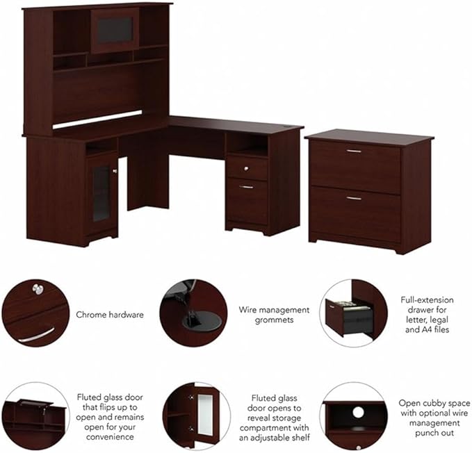 Bush Furniture Cabot 60W L Shaped Computer Desk with Hutch and Lateral File Cabinet in Harvest Cherry