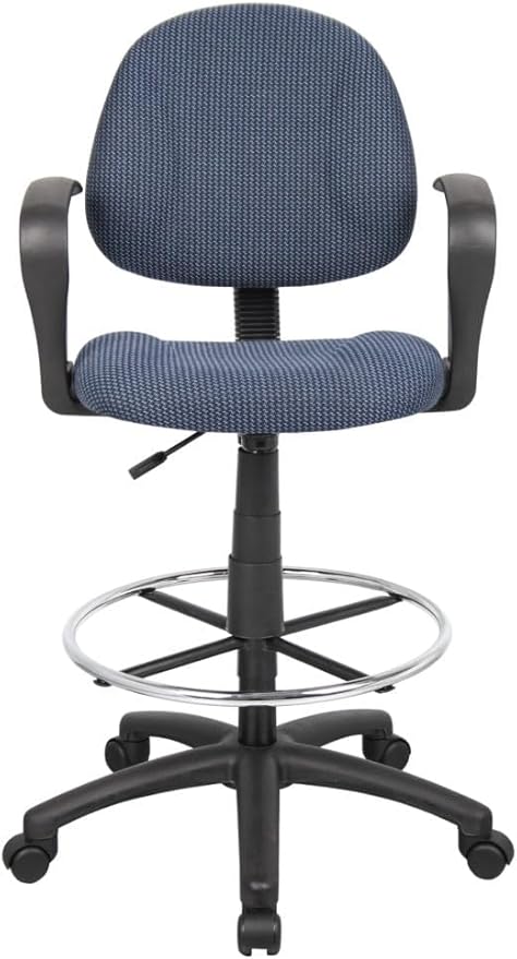 BOWERY HILL Contemporary Fabric Drafting Stool, Blue Tweed Upholstery, Adjustable Loop Arms, Pneumatic Seat Height, Chrome Footrest, Nylon Base, Dual Wheel Casters, Ergonomic Office Chair