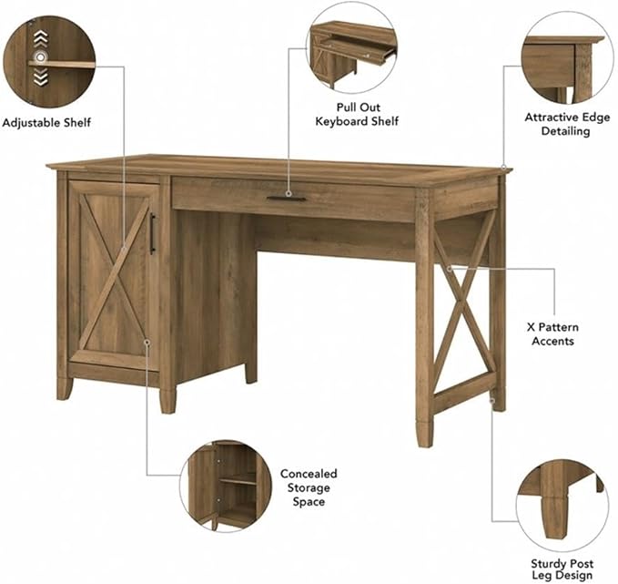 Pemberly Row 54W Desk Set with File Cabinet and 5 Shelf Bookcase, Pine Finish, Engineered Wood, Farmhouse Style Office Furniture for Home Workspace, Durable 3-Piece Bundle, Adjustable Storage