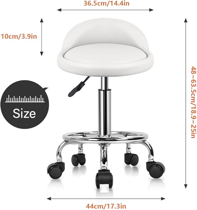 KKTONER PU Leather Round Rolling Stool with Foot Rest Height Adjustable Swivel Drafting Work SPA Medical Task Chair with Wheels (White)