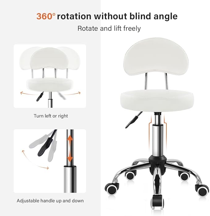 KKTONER Rolling Stool with Mid Back Height Adjustable Chair PU Leather Swivel Chair with Wheels for Office Home Task Drafting (White)