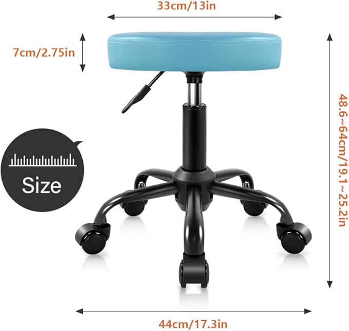 KKTONER Round Rolling Stool Height Adjustable Stool PU Leather Chair with Wheels Salon Spa Drafting stools Small Sky Blue