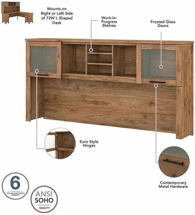 Pemberly Row 72W Sit to Stand L Shaped Desk with Hutch, Fresh Walnut Finish, Engineered Wood, Adjustable Height, Frosted Glass Doors, File Drawer, Ergonomic Office Desk for Home or Workspace