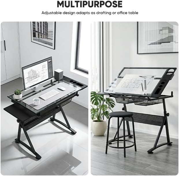 Magshion Professional Drafting Table for Teens w/Stool, Tilting GlassTabletop & Adjustable Height, Art Craft Desk Watercolor Paintings Sketching Work Station for Studio Home Office School (Clear)