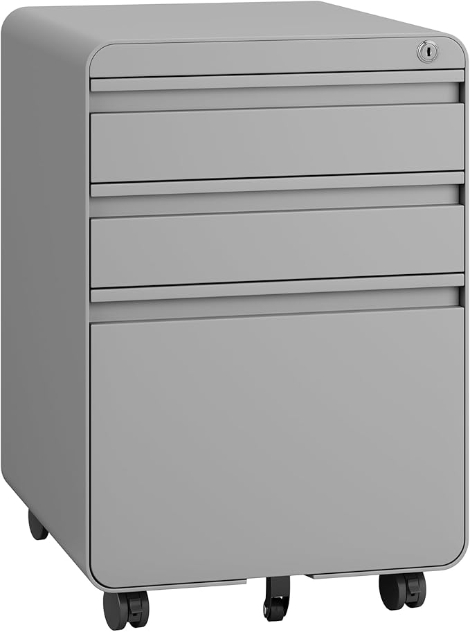Dripex 3 Drawer Grey File Cabinet, Mobile Under Desk Storage File Cabinet with Lock on Wheels, Letter/Legal Size,Fully Assembled, Small Short Vertical Metal Rolling Filing Cabinets for Home Office