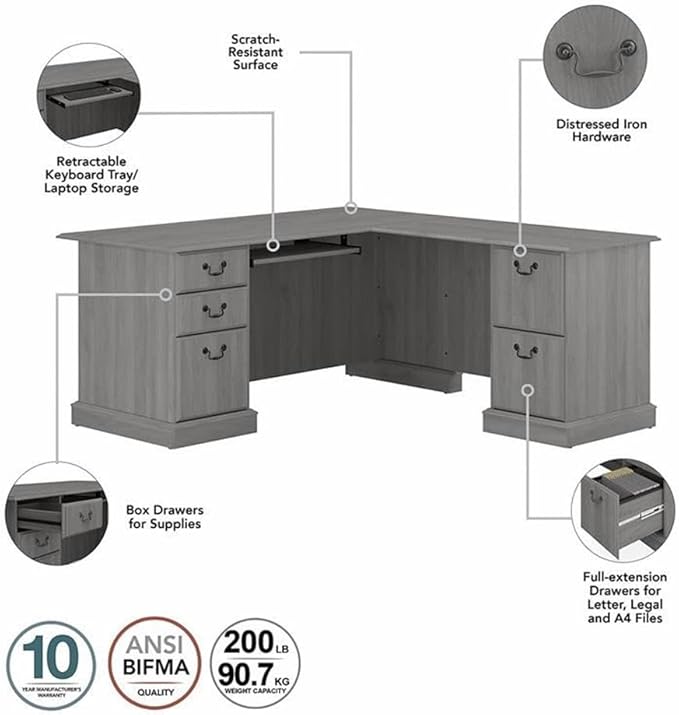 Pemberly Row L Shaped Desk with Storage Set, Modern Gray Engineered Wood, 66W x 72D, Includes File Cabinet, 2 Tall 5 Shelf Bookcases, Locking Drawers, Scratch-Resistant Surface for Home Office Use