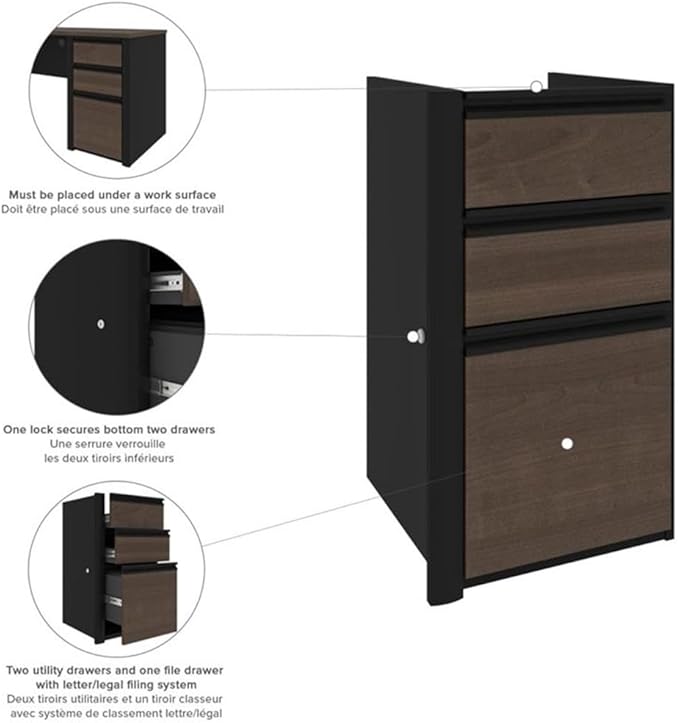 Pemberly Row 2 Piece Standing Desk Set, Adjustable Height 28"-45", Antigua and Black Finish, Particle Board and Melamine, Includes Storage Credenza with 3 Drawers, Reversible Design, Home Office