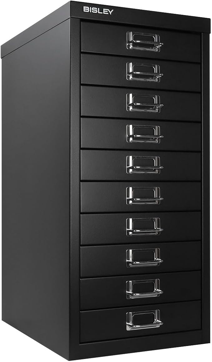 Bisley 10-Drawer Steel MultiDrawer Cabinet - Black, Chrome Pull Handles with Label Holders, Powder-Coated Steel, Removable Drawers, Fits Under Most Desks, Labels Included
