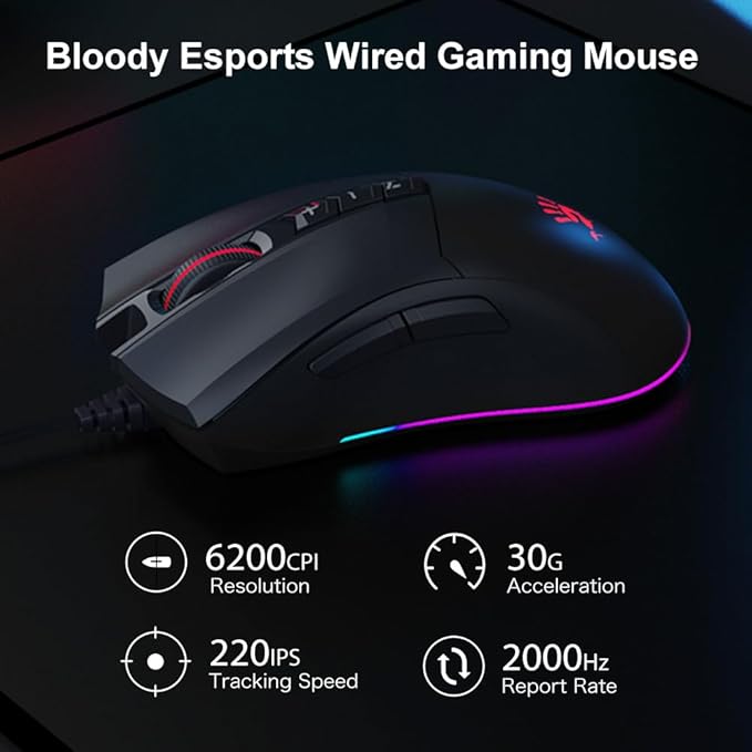 Bloody ES9Pro FPS RGB Gaming Mouse, PMW3327 Chip, 6200 CPI, 2000Hz Report Rate, 220 IPS, 4M Onboard Memory, Fully Programmable with Advanced Preset Macros