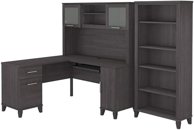 Pemberly Row 60W L Shaped Desk with Hutch and Bookcase, Storm Gray Engineered Wood, Wire Management, Frosted Glass Doors, Adjustable Shelves, Transitional Home or Office Furniture Set