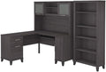 Bush Home Somerset 60W L Shaped Desk with Hutch and 5 Shelf Bookcase in Storm Gray