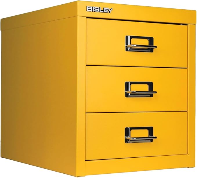 Bisley 3-Drawer Steel MultiDrawer Cabinet - Golden Sunflower Yellow, Chrome Pull Handles with Label Holders, Powder-Coated Steel, Removable Drawers, Desktop Storage, Labels Included