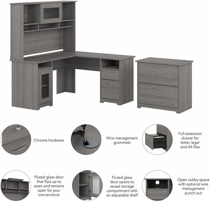 Pemberly Row L Shaped Desk with Hutch and File Cabinet, Modern Gray Engineered Wood, 60W, Built-in Wire Management, Fluted Glass Door, Adjustable Shelves, Home Office Furniture Set