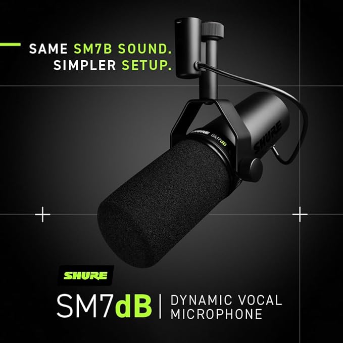 Shure SM7dB Dynamic Vocal Microphone with Built-in Preamp – Studio Mic for Streaming, Podcasting, and Recording – Smooth Sound, Wide Frequency Range, Rugged Build, Windscreen Included, XLR, Black