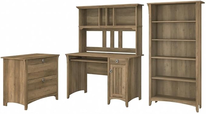 Pemberly Row Office Set, Desk with Hutch, Storage Cabinet & 5-Shelf Bookcase, Engineered Wood, Reclaimed Pine Finish, Compact Workspace Furniture for Home Office