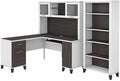 Pemberly Row 60W L Shaped Desk with Hutch and 5 Shelf Bookcase, Engineered Wood Construction, Gray Finish, Wire Management, Frosted Glass Doors, Home Office Furniture Set for Small Office Use