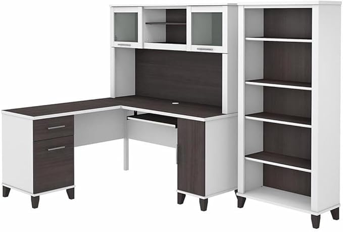 Pemberly Row 60W L Shaped Desk with Hutch and 5 Shelf Bookcase, Engineered Wood Construction, Gray Finish, Wire Management, Frosted Glass Doors, Home Office Furniture Set for Small Office Use