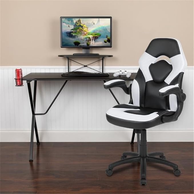 BOWERY HILL 2 Piece Gaming Desk Set, Black and White Finish, 51.5" W Desk with Raised Monitor Stand, Detachable Cup Holder and Headset Hook, Ergonomic Gaming Chair with Lumbar Support and Tilt