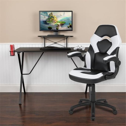 BOWERY HILL 2 Piece Gaming Desk Set, Black and White Finish, 51.5" W Desk with Raised Monitor Stand, Detachable Cup Holder and Headset Hook, Ergonomic Gaming Chair with Lumbar Support and Tilt