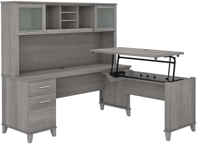 Pemberly Row 72W L Shaped Sit to Stand Desk with Hutch, Platinum Gray Finish, Engineered Wood, Adjustable Lift-n-Lock Height, Frosted Glass Doors, Ergonomic Office Desk for Home or Workspaces