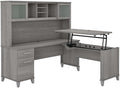 Pemberly Row 72W L Shaped Sit to Stand Desk with Hutch, Platinum Gray Finish, Engineered Wood, Adjustable Lift-n-Lock Height, Frosted Glass Doors, Ergonomic Office Desk for Home or Workspaces
