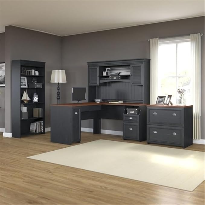 Pemberly Row 4 Piece Office Set, Antique Black Finish, Laminate Over Engineered Wood, Includes L Shaped Desk with Hutch, Lateral File Cabinet, Bookcase, Space-Saving Design for Home Office