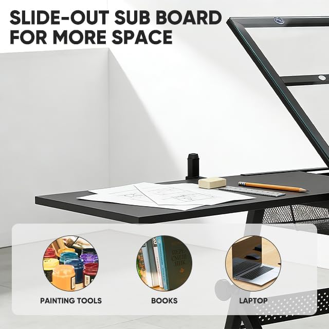 Magshion Professional Drafting Table for Teens w/Stool, Tilting GlassTabletop & Adjustable Height, Art Craft Desk Watercolor Paintings Sketching Work Station for Studio Home Office School (Clear)