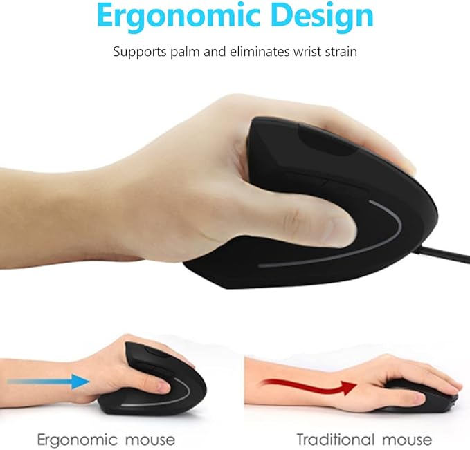 Ergonomic Vertical USB Wired Mouse, Left Handed Optical Mouse, 3 Adjustable DPI 800/1200/1600, 6 Programmable Buttons, Universal Gaming Mouse for Laptop, Desktop, Notebook, PC, Computer (Black)