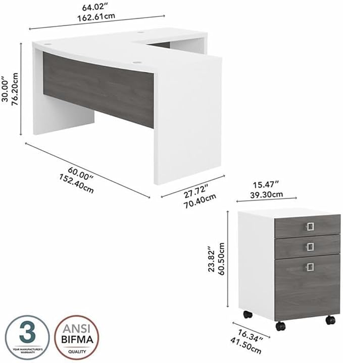 Bush Business Furniture Echo L Shaped Bow Front Desk with Mobile File Cabinet in Pure White and Modern Gray