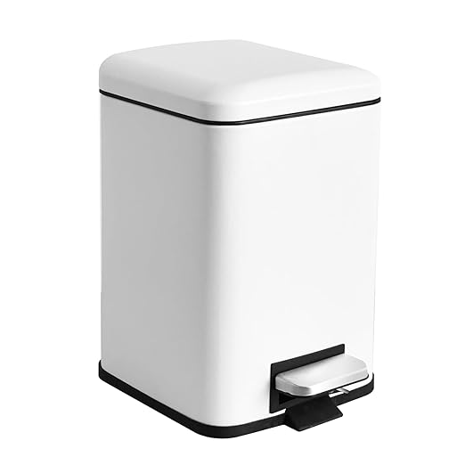 Small Bathroom Trash Can with Lid Soft Close, Step Pedal, 6 Liter / 1.6 Gallon Stainless Steel Garbage Can with Removable Inner Bucket, Anti-Fingerprint Finish, Matte White