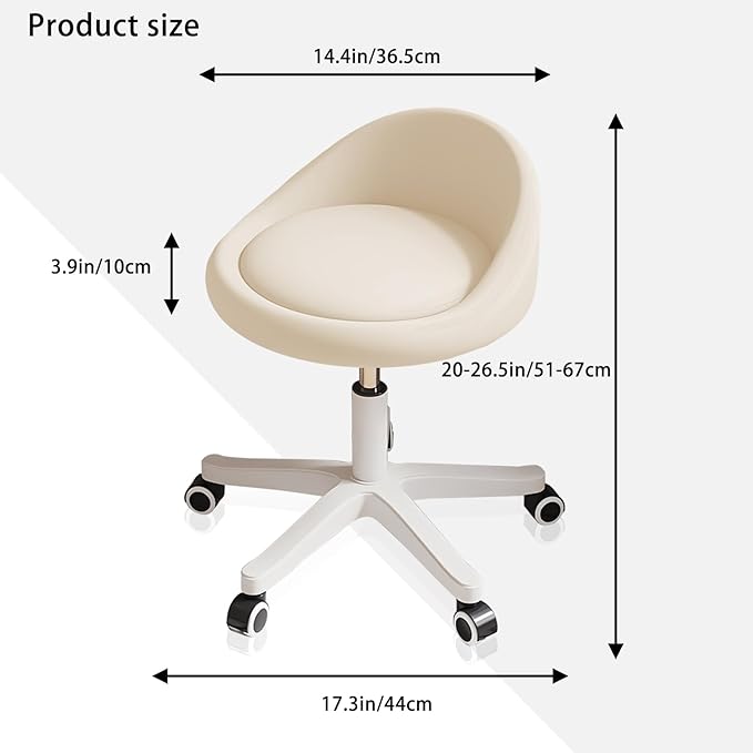 Swivel Rolling Stool with Wheels, Height Adjustable PU Leather Drafting Chair, Round Seat for Salon, Spa, Tattoo, Office, Home Use Beige Set of 2