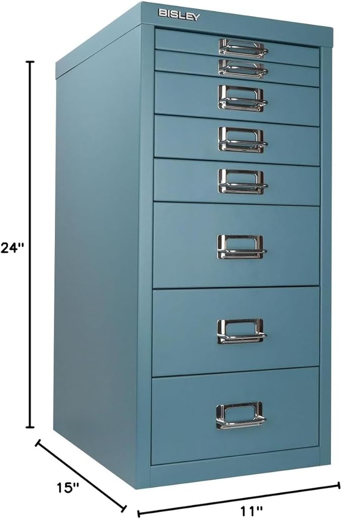 Bisley 8-Drawer Steel MultiDrawer Cabinet - Doulton Blue, Chrome Pull Handles with Label Holders, Powder-Coated Steel, Removable Drawers, Fits Under Most Desks, Labels Included