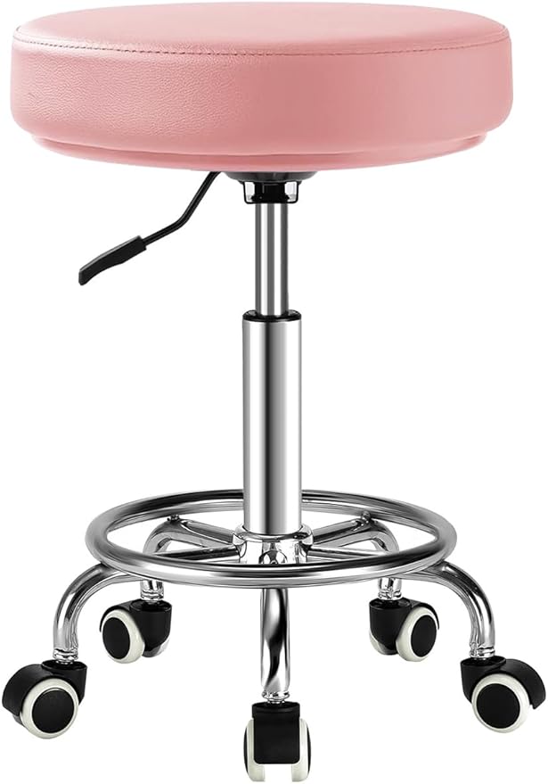 Adjustable Rolling Stool with Wheels Heavy Duty 500lb Round RollingStool with Footrest, Patent Leather Drafting Stool Chair with Wheels Work Spa Salon Seat, Pink