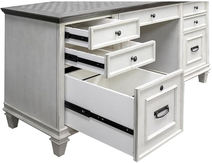 BOWERY HILL Set of 2 Credenza Office Desk and Open Bookcase in White