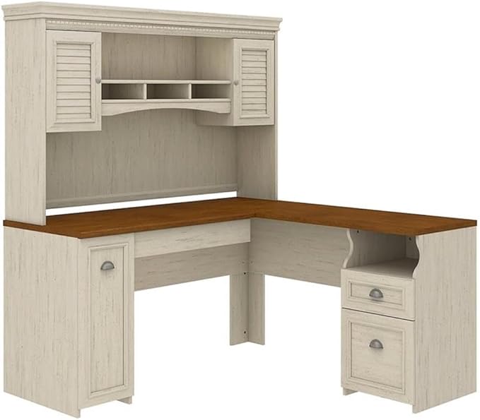 Pemberly Row L-Shaped Desk with Hutch, Antique White and Tea Maple Finish, Engineered Wood, Corner Space-Saving Design, Framed Doors, Storage Drawers, Adjustable Shelf, Home Office
