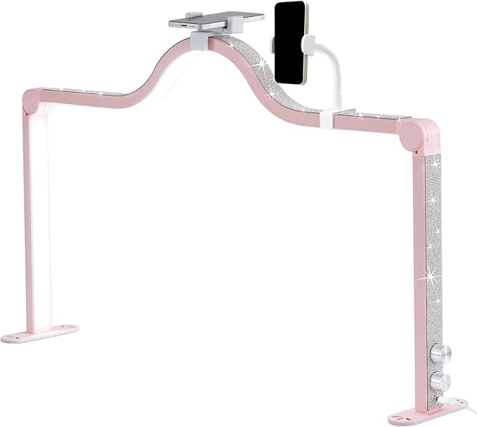 Upgraded Nail Tech Lamp with Dual Phone Holder, 34 in Foldable Large Nail Light for Desk, 3 Modes 3000K-6000K LED Manicure Lamp, Half Moon Light for Lash Eyelash Extension, Tattoo, Eyebrows