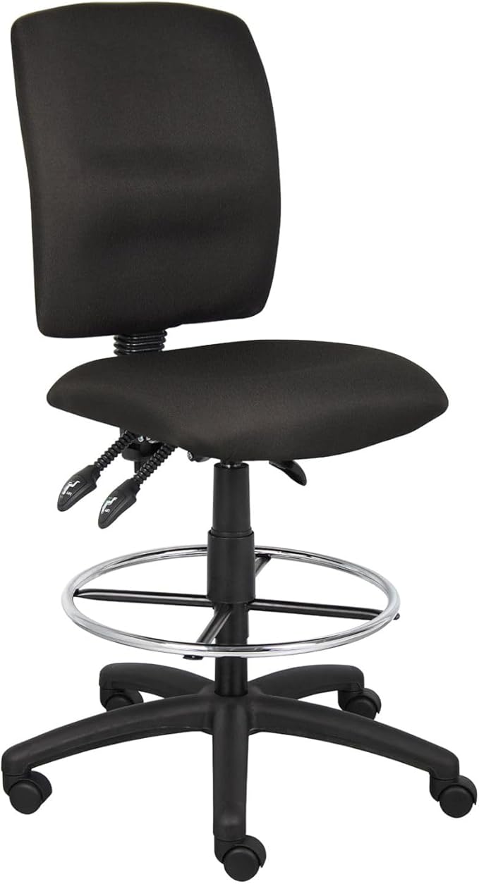Black Fabric Drafting Stool Adjustable Height Swivel Pneumatic Gas Lift Chrome Footring Nylon Base Rolling Casters High Back Seat Compact Studio Task Seating Professional Workspace Stool