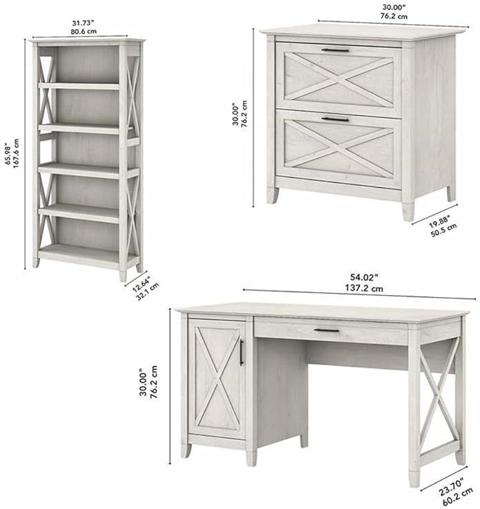 Bush Furniture Key West 54W Computer Desk with 2 Drawer Lateral File Cabinet and 5 Shelf Bookcase in Linen White Oak
