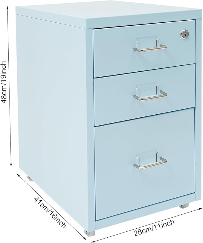 File Cabinet with Lock, 3-Drawer Vertical File Cabinet, 11 * 16 * 18.3In Metal File Cabinet with Wheels for Home Office (Blue)