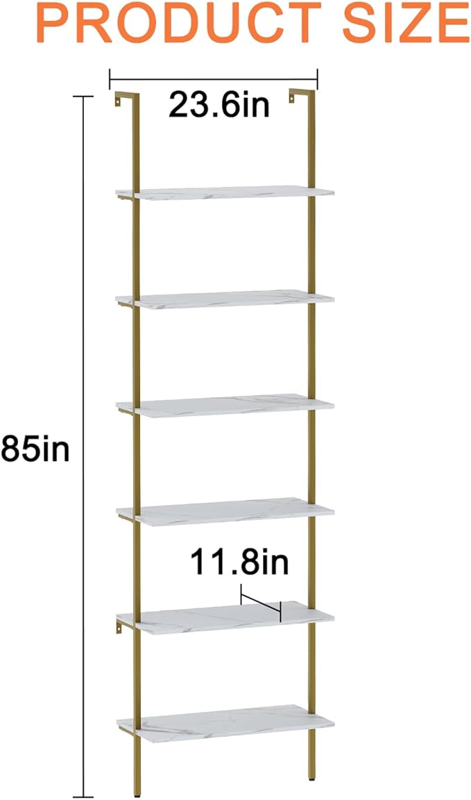Wolawu Ladder Shelf 6 Tiers Marble White Modern Bookshelf Open Tall Wall Mount Bookcase Standing Leaning Wall Shelves Industrial Decorative Living Room Bed Room