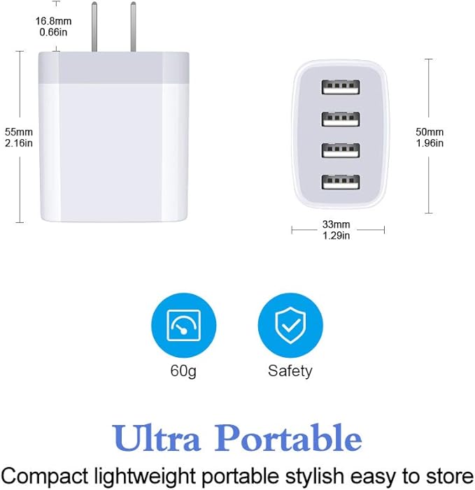 Multiple USB Wall Charger, HOOTEK 2Pack 4-Multi Port USB Charger Cube 4.8A Fast Charging Block Plug Box for iPhone 17 16e 16 15 14 13 12 Pro Max Samsung Galaxy A17 A16 A15 A56 A55 S25 Ultra S24 Ultra