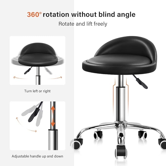 KKTONER PU Leather Round Rolling Stool with Back Rest Height Adjustable Swivel Drafting Work SPA Task Chair with Wheels Black