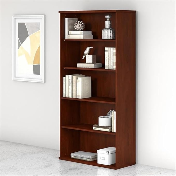 Pemberly Row Set of 2 Wood 5-Shelf Bookcase & L-Shaped Desk with Drawers